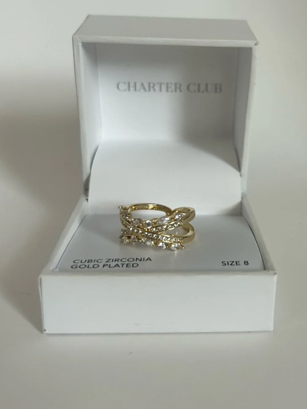 Charter Club Gold Plated Cubic Zirconia Crossover Ring Size 8